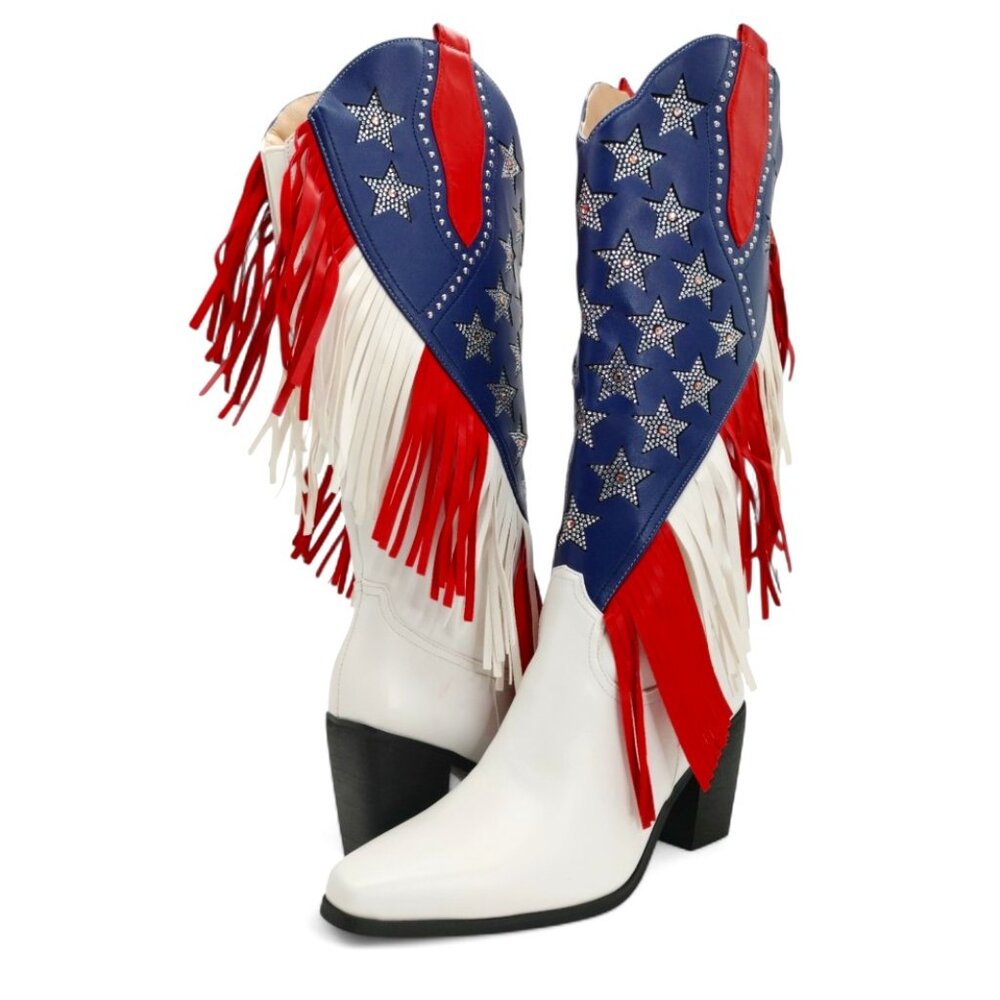American Flag Size 11 Rhinestone Stars Fringe Knee High Block Heel Western Boot - Picture 3 of 16